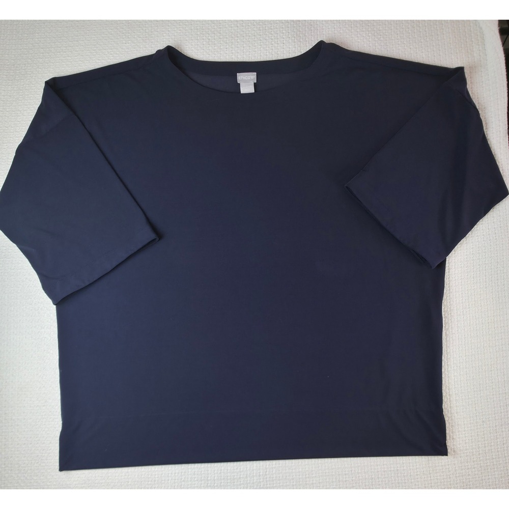 Chico's Top Women 3(16/18) Navy Blue Boxy Stretch Short Sleeve Excellent